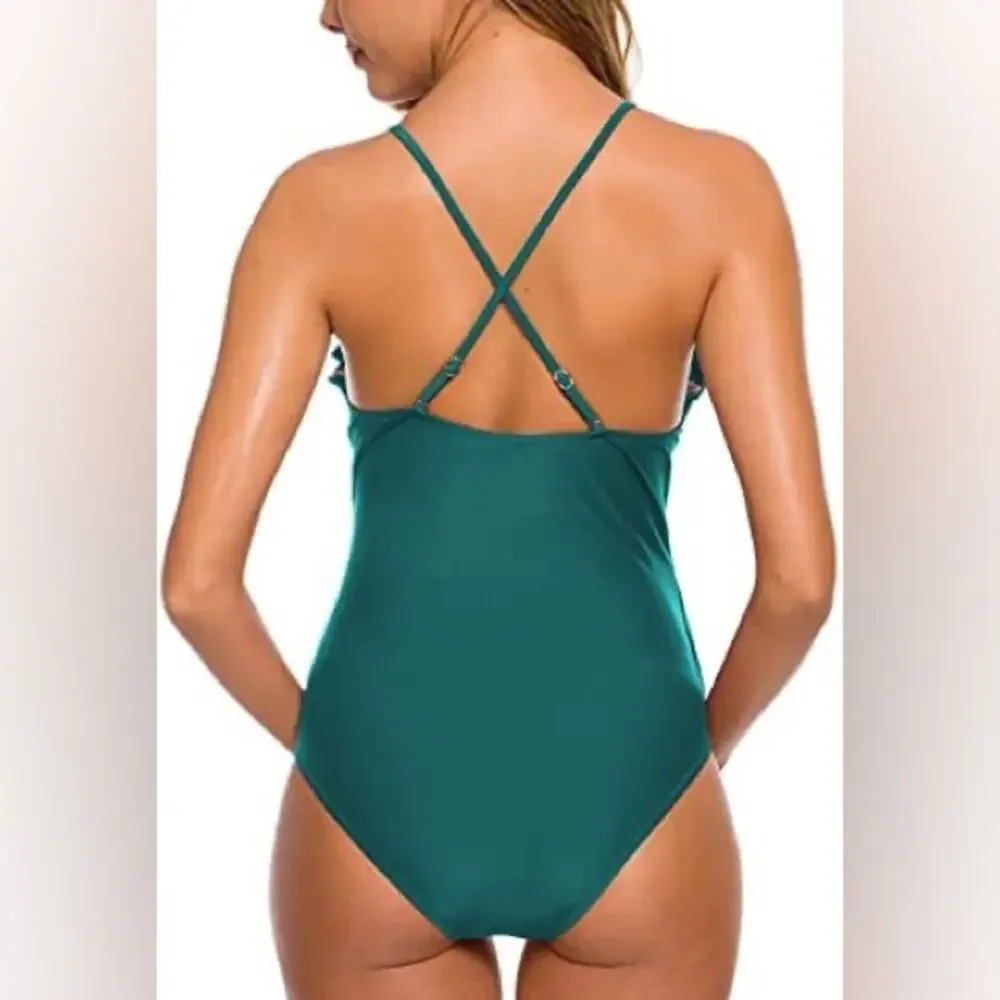 Maternity Swimsuit Women's Size 2XL One Piece Ruffle Swim Deep V Neck in Green
